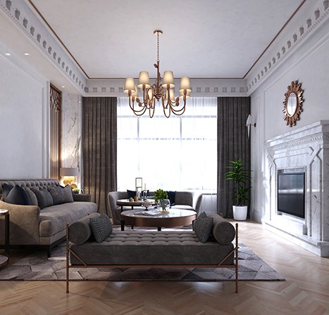modern klassiek interieur kroonluchter klassieke inrichting huis luxe gordijnen visgraatvloer chique wonen